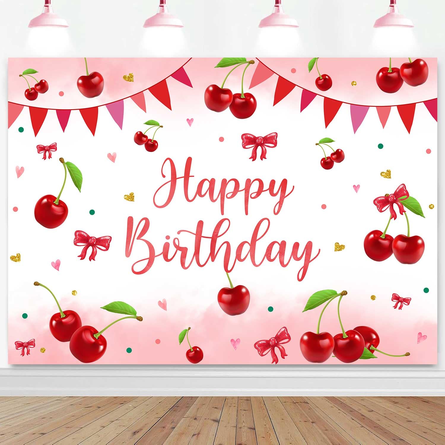 Sensfun Cherry Birthday Decorations Backdrop Coquette Bow Happy Birthday Photography Background Red Sweet Cherries Bow Bday Banner for Girls Party