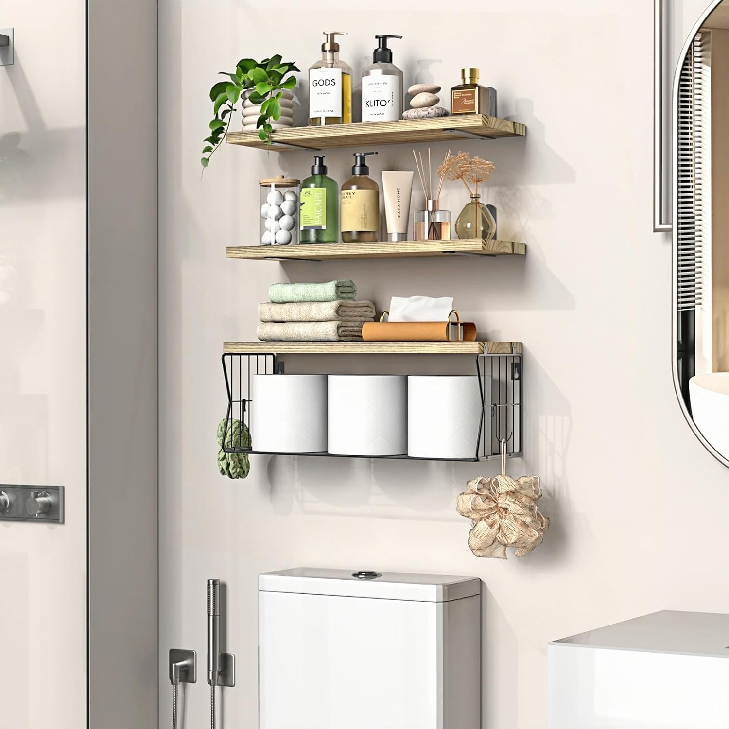 Floating Bathroom Shelves Wall Mounted - Wooden Shelf Set of 3 for Over Toilet Storage & Farmhouse Bathroom Decor - Perfect Shelving Organizer for Apartments RVs Powder Room Restroom - Wood