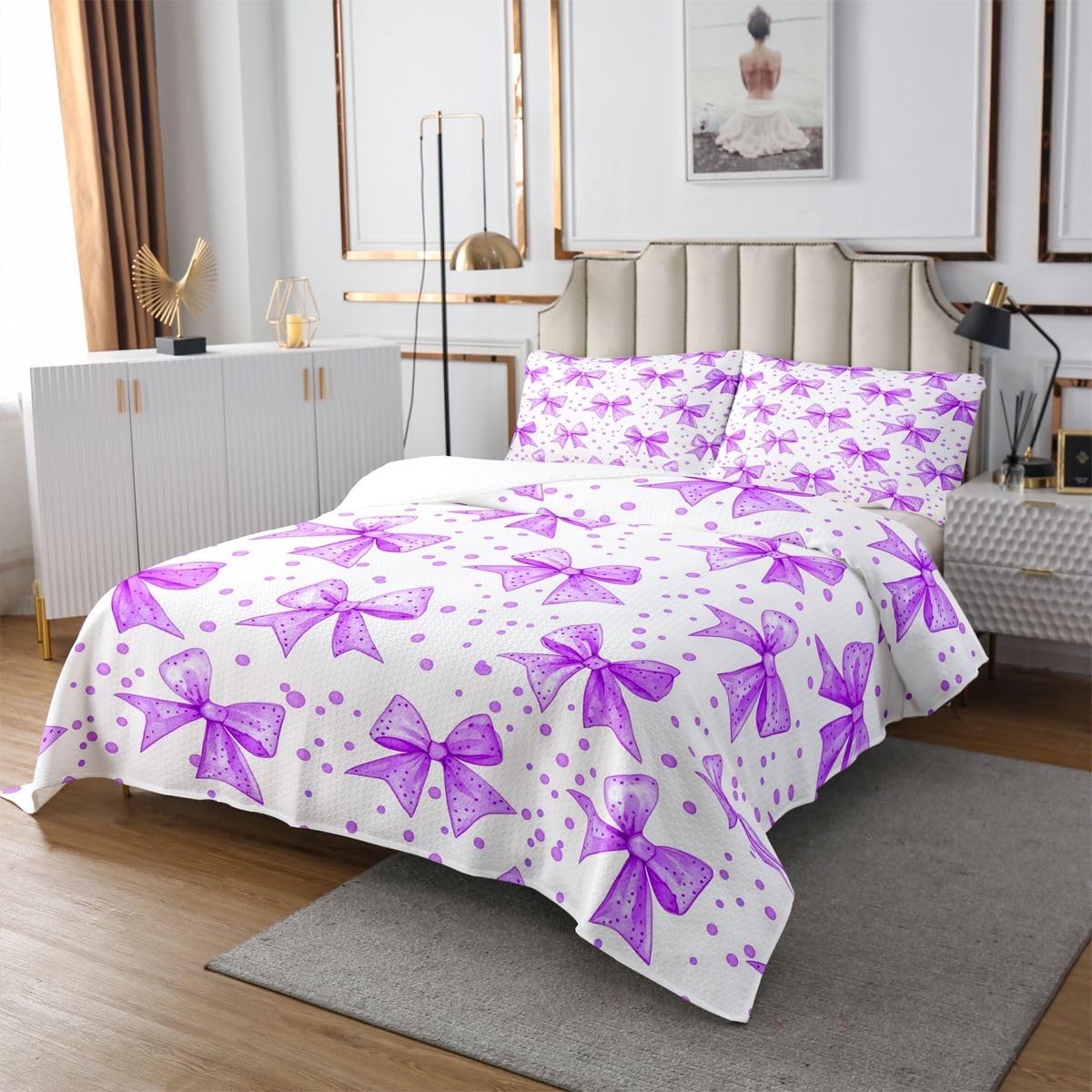 jejeloiu Purple Bowknot Bedspread Quilts Cute Bow Coverlet Set Queen Size for Kids Boys Girls Romantic Quilted Coverlet for All Season with 2 Pillowcases Microfiber