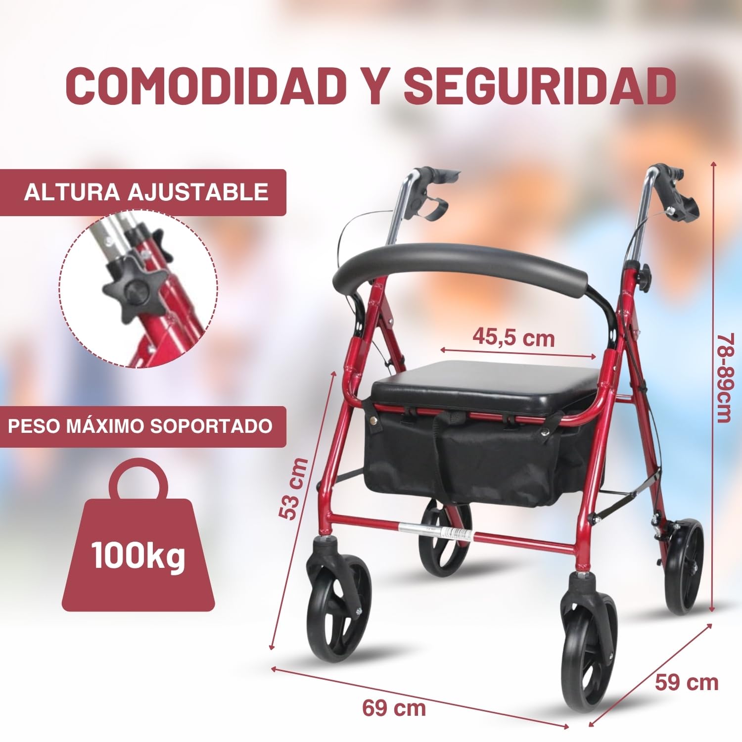 Andador para Ancianos con Asiento, Taca Taca Adultos 4 Ruedas Plegable, Ligero y Regulable, Caminador para Personas Mayores con Cesta, Modelo A01