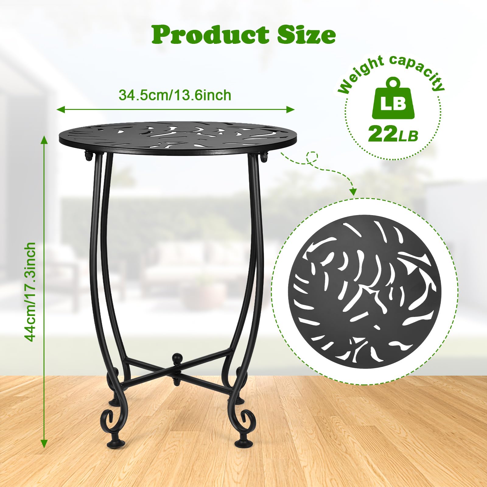 Mesa auxiliar de metal para exteriores de 14 pulgadas, resistente a la intemperie, mesa auxiliar redonda pequeña para patio, balcón, jardín, soporte para plantas exteriores (color 1 hoja de tortuga 3