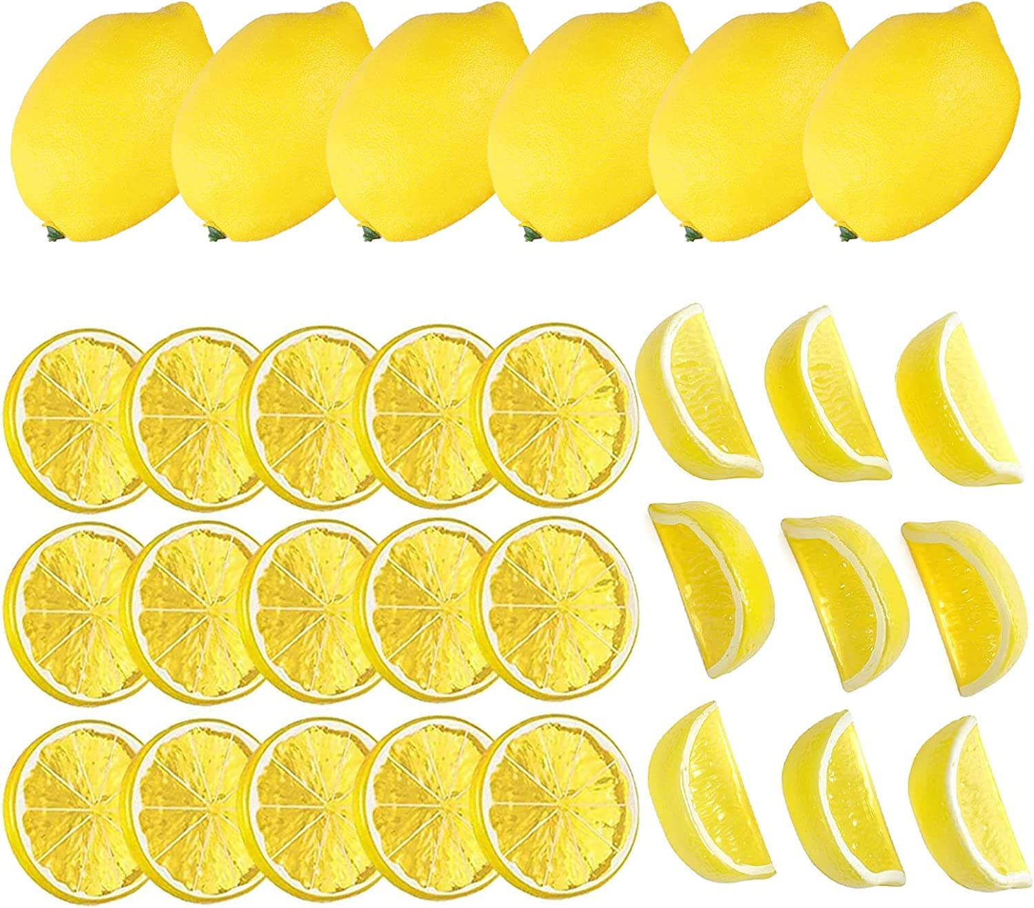 Sunscreen 30 Pcs Fake Lemons, Artificial Simulation Lemons, Lifelike Faux Lemons Slices Blocks, Glossy And Textured, for Kitchen Table Fake Fruit Birthday Wedding Party Decoration, 3 Size
