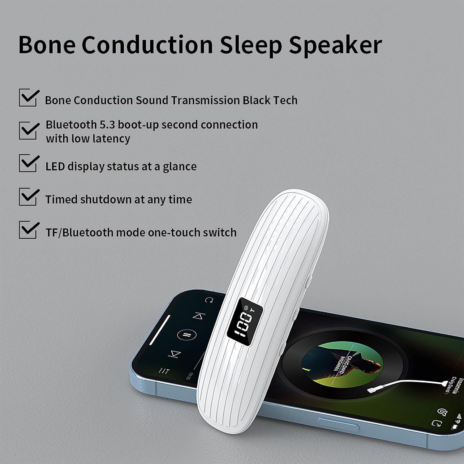 ByteWave Bone Conduction Pillow Speaker, Bluetooth 5.3 Under Pillow Speaker for Sleeping with LED Display, TF Card & Auto-Off, Ultra-Thin Wireless Bed Sound Pad Headphones for Side Sleepers