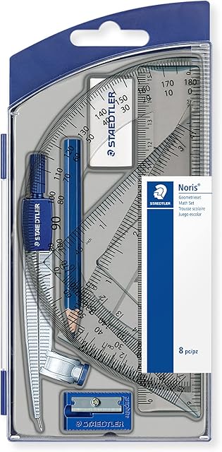 STAEDTLER 550 60 S8 Noris School Compass Geometry Set Including Ruler, Set Squares & Protractor (Set of 8 Pieces)
