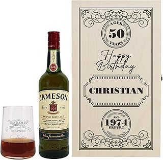 Herz & Heim® Geschenkset Jameson Irish Whiskey mit personalisertem Glas und Geschenkbox aus Holz (Gentleman)