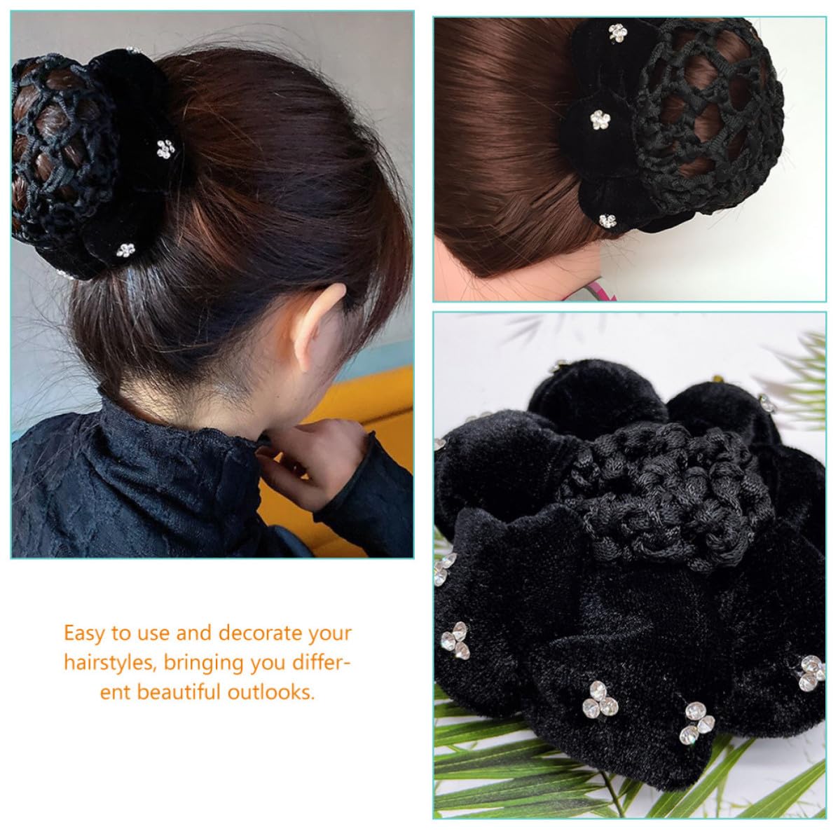 Black Velvet Hair Bun Net Rhinestone 4pcs for Women and Dancers
