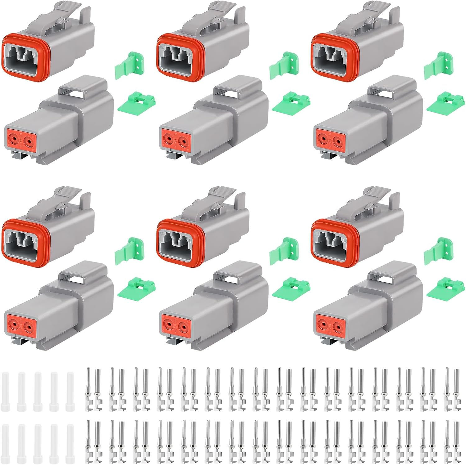 GKG DTK2-1 2 Pin Deutsch Connector Kit,6 Sets DT Deutsch Connector 2 Pin,Gray Waterproof Electrical Wire Connectors with 16 Pairs Size 16 Stamped Contacts 14-18AWG for Engine,Truck and Boat,etc