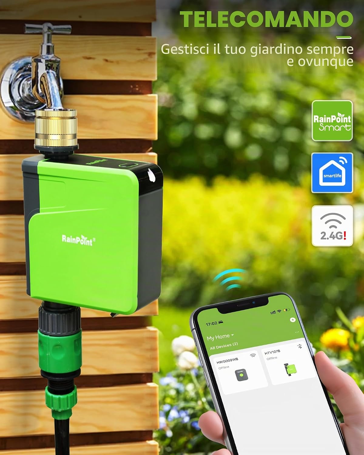 RAINPOINT irrigation computer connected to faucet with smartphone app interface visible