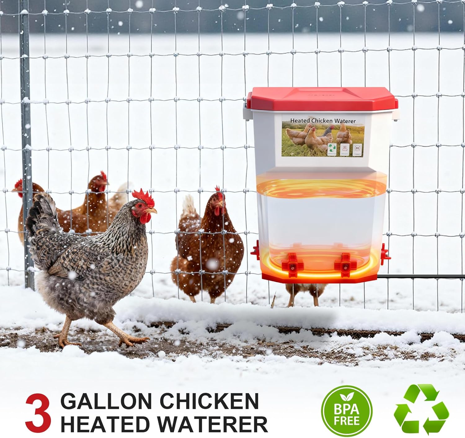 Heated Chicken Waterer- Chicken Water Heater for Winter with 4 Horizontal Nipples and Detachable Legs,3 Adjustable Heights,Winter-Proof Poultry Drinker for Chicks, Ducks and Quail-3 Gallon