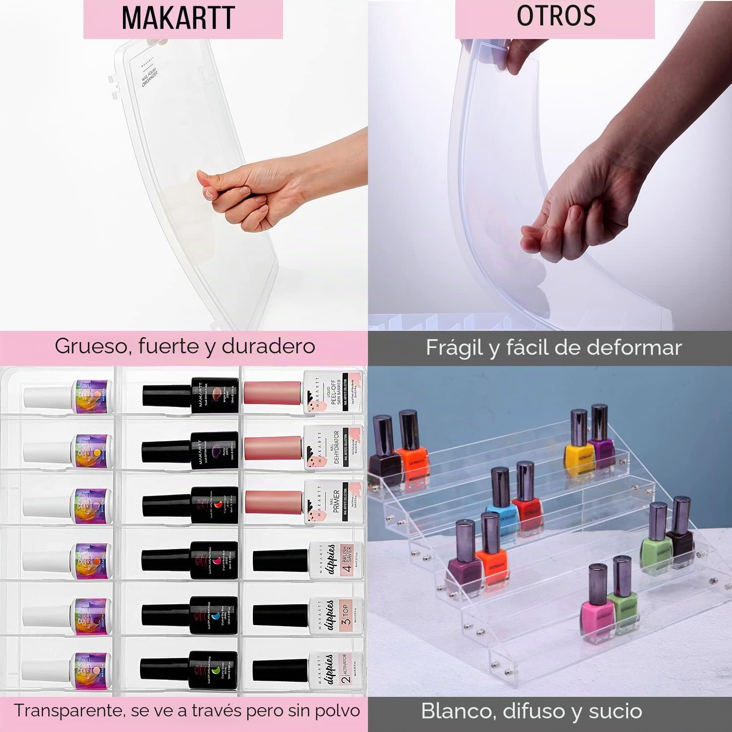 Makartt Organizador de esmalte de uñas – Soporte universal transparente para 48 botellas, estuche organizador de esmalte de uñas de gel resistente portátil con 8 separadores ajustables, ahorro de