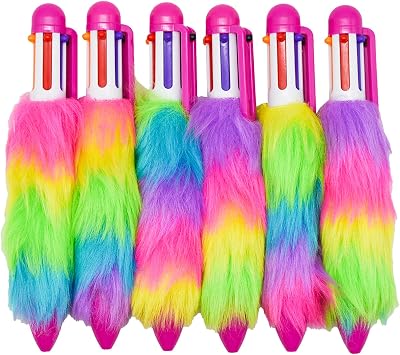 Maydahui 20 Pcs 6-in-1 Multicolor Fluffy Retractable Ballpoint Pens 6 Colors Shuttle Rainbow Plush 0.5 mm Pom Pom Pens for Office School Supplies Carnival Decoration Birthday