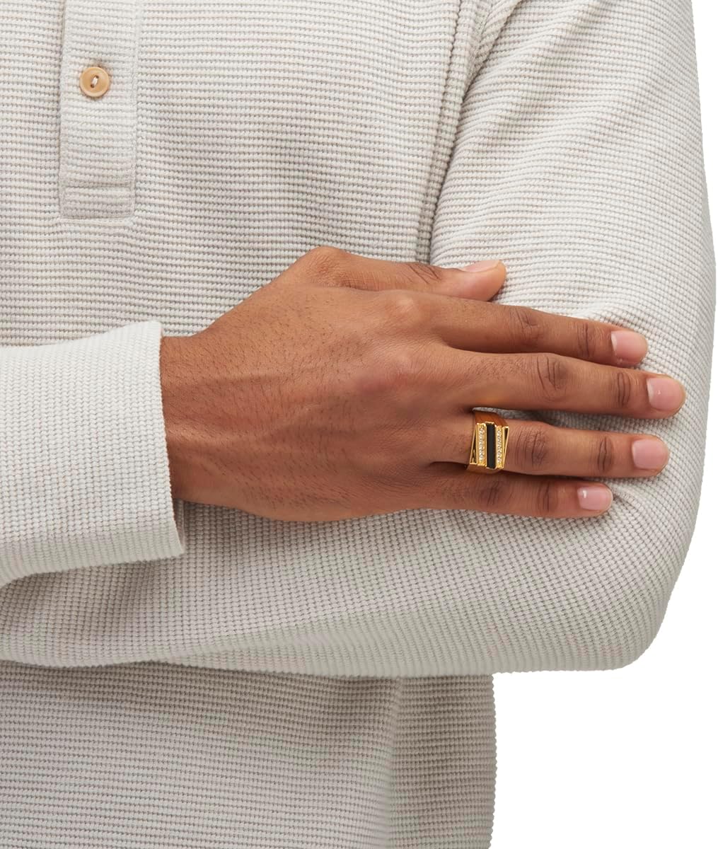 PalmBeach Men's Yellow Gold-Plated Emerald Cut Natural Black Onyx and Round Crystal Ring Sizes 8-13
