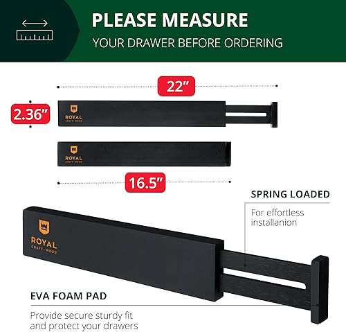 Miniatura 2 de Separadores de cajones de bambú ajustables y expansibles para cocina, vestidor, dormitorio, baño y oficina, paquete de 4 (hasta 22 pulgadas, negro)