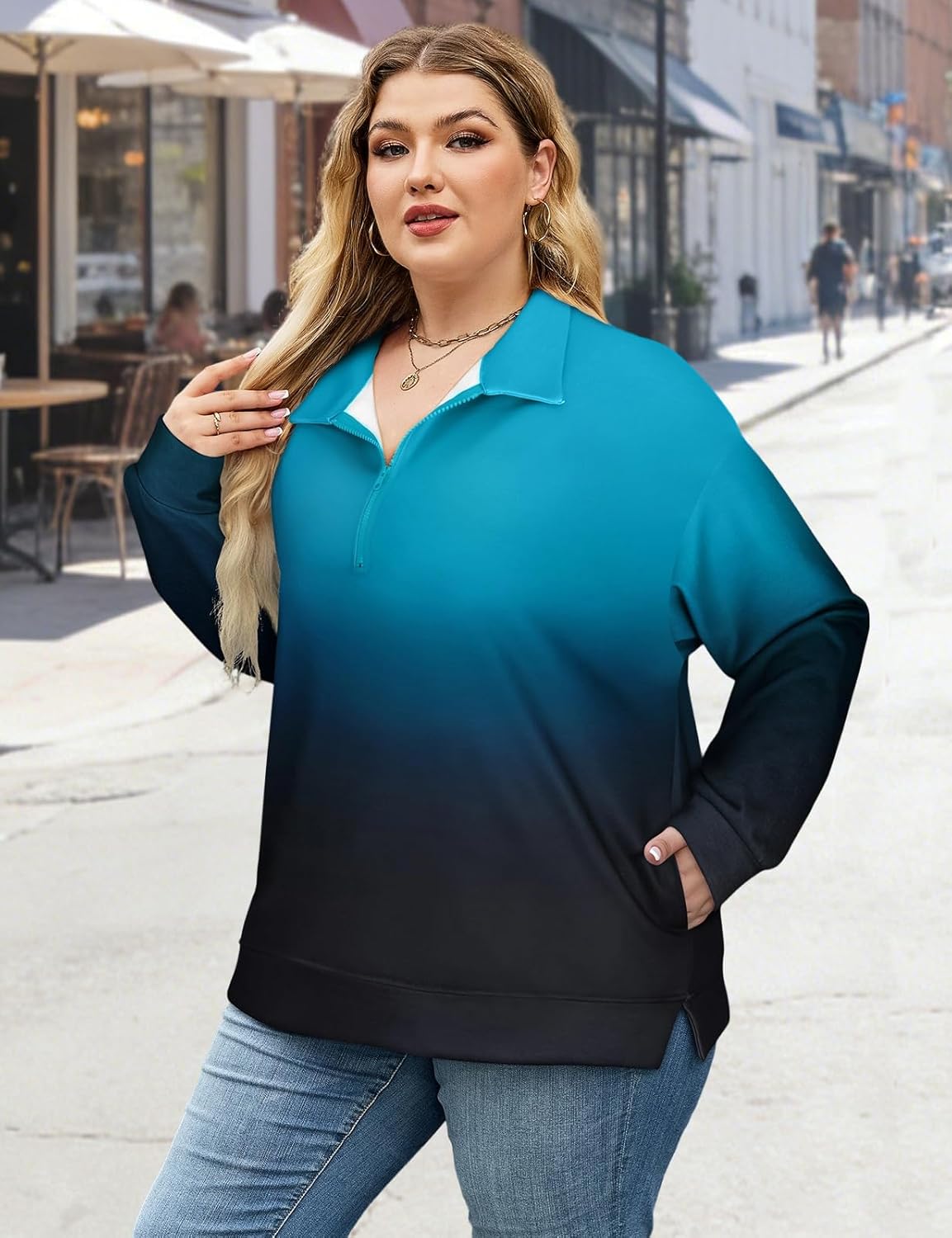 Misyula Style Plus Size Sweatshirts for Women Pockets Quarter Zip Pullover Long Sleeve Drop Shoulder Oversized Tops