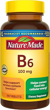 Nature Made Vitamin B6 100mg, 100 Tablets | B6 Vitamins for Energy Metabolism Support, Helps Support Nervous System Function, Gluten Free, 100 Day Supply