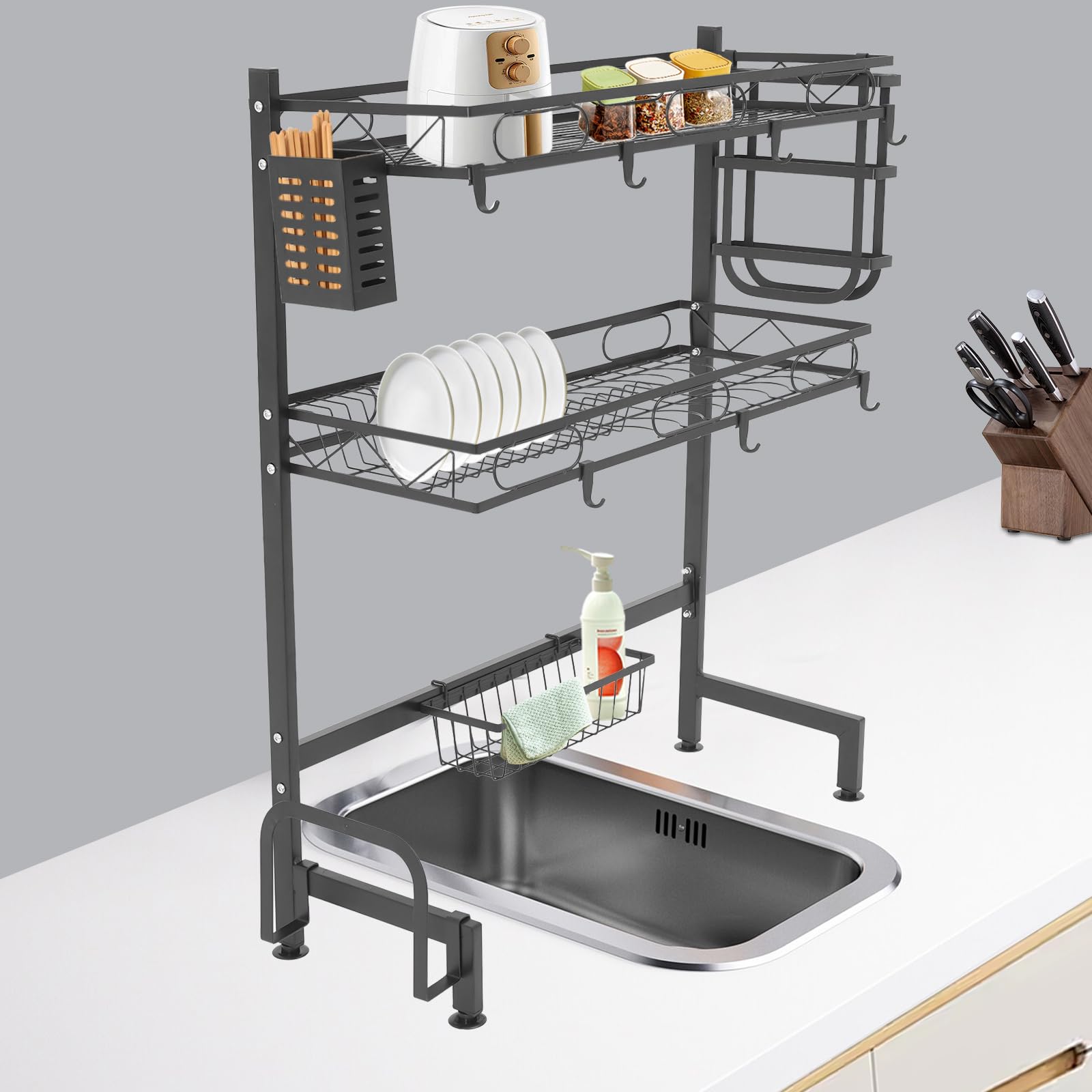 Abtropfgestell Geschirr, 2-Stufiges Geschirrabtropfgestell Hohe Leitplanke Anti-Rutsch-Saugnapf 10kg Belastbar (Jede Ebene) Vielfältige Ablagefächer Durchbrochenes Gitterdesign