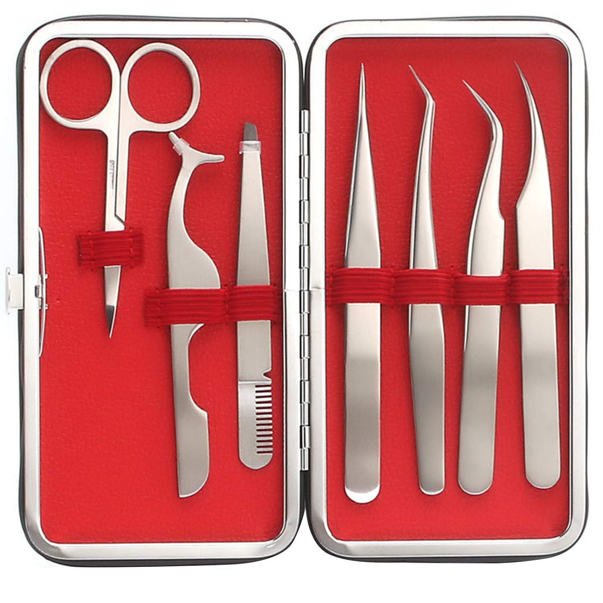 DEALPEAK 7Pcs/Set Eyelash Extension Tool Kit, False Eyelashes Applicator Eyebrow Scissors Tweezers with Carry Case