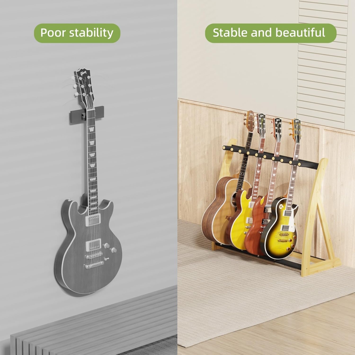 Multi Guitar Stand Heavy Duty - Wood Floor Stand for Electric Guitar and Bass, Adjustable Non-Slip Guitar Rack, Holds Multiple Guitars & Basses (Electric Guitar Stand, Bass Stand, Wood Guitar Stand)