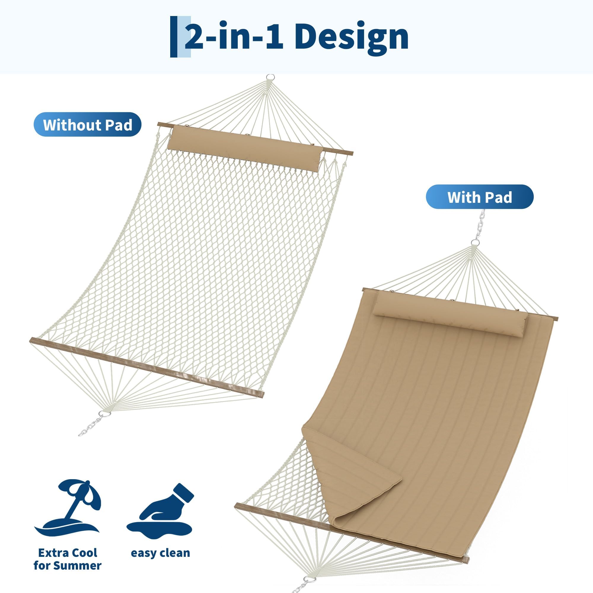 Garvee Hamaca Doble De Cuerda De Yute para Exteriores – Ergonómica con Cojín Extraíble y Resistencia Al Clima para Jardín, Patio o Playa – hasta 204 kg (Amarillo Marrón)