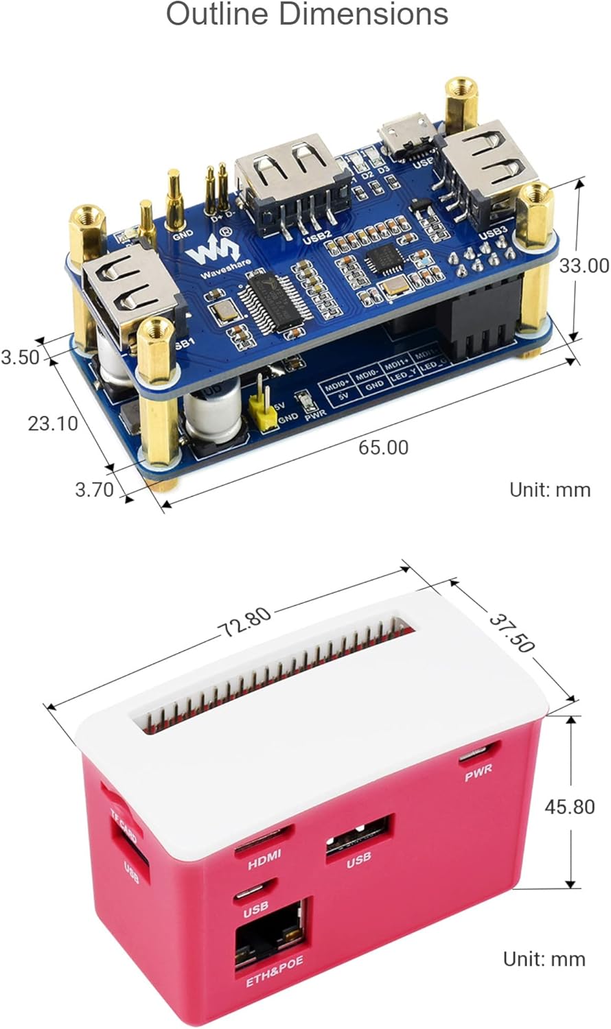PoE Ethernet/USB HUB Box Compatible with Raspberry Pi Zero Series, with PoE/ETH/USB HUB HAT Inside, 802.3af-Compliant, Includes 3X USB 2.0 Ports