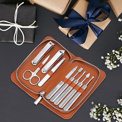 Miniatura 6 de Juego de manicura profesional para hombres, 9 piezas de acero inoxidable resistente, kit de herramientas de pedicura para mujeres y hombres, con