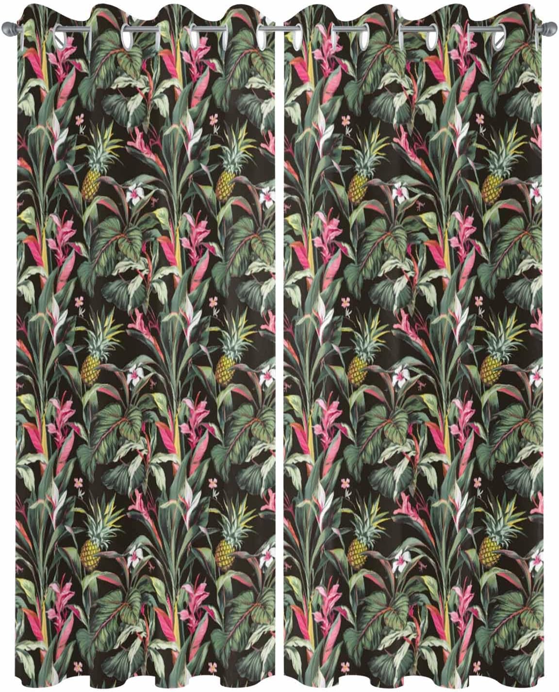 Outdoor Curtains for Patio, Tropical Pineapple Waterproof Blackout Outside Curtain for Porch/Pergola/Gazebo, Pink Green Botanical Leaves Thermal Insulated Drapes for Cabana, 2 Panels, 54 x 84 Inch