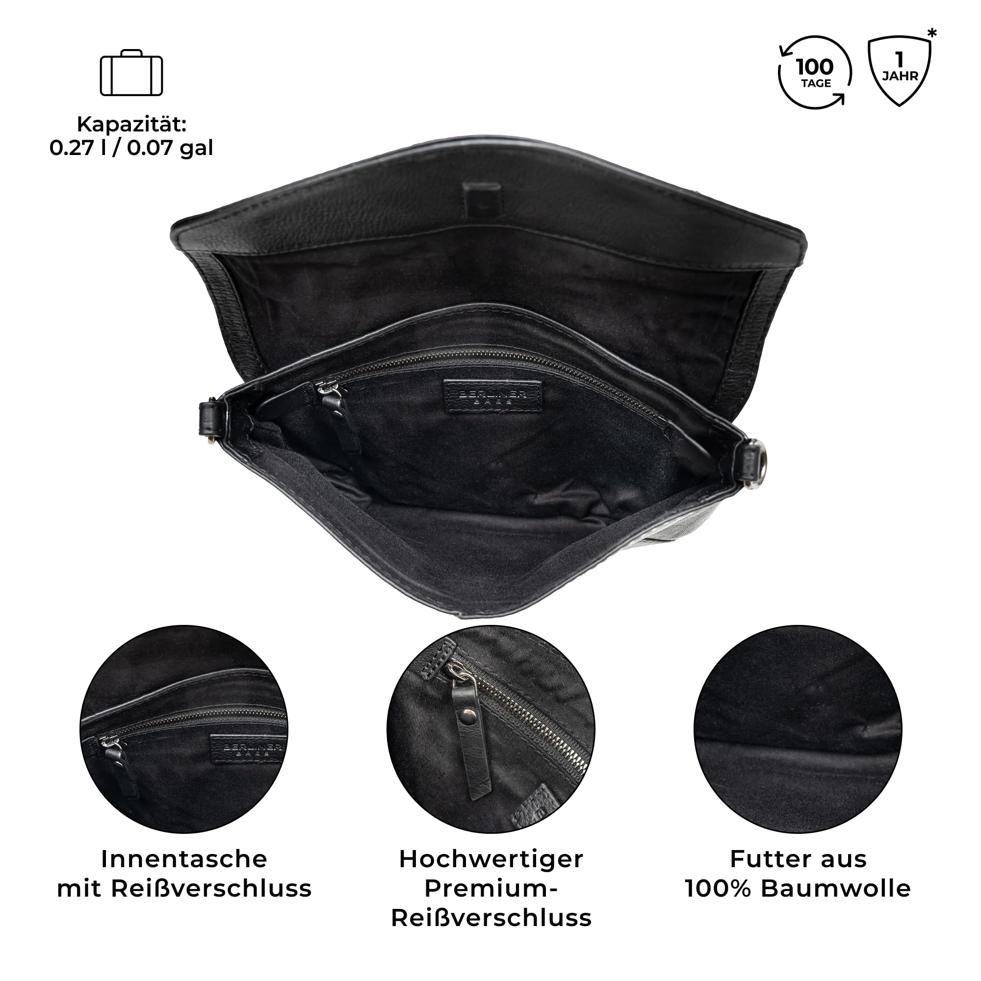 Berliner Bags Premium Leder Clutch Eva, Crossbody-Tasche, Umhängetasche & Handtasche für Damen mit Magnetverschluss – Schwarz