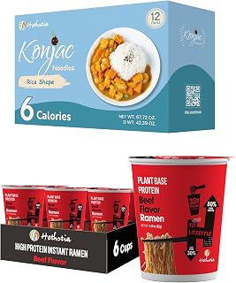 Hethstia Instant High-Protein Ramen Cup Spicy Beef Flavor 6 Packs and Rice Variety Gluten Free 12 Packs, Plant-Based, Low Fat, Healthy Food
