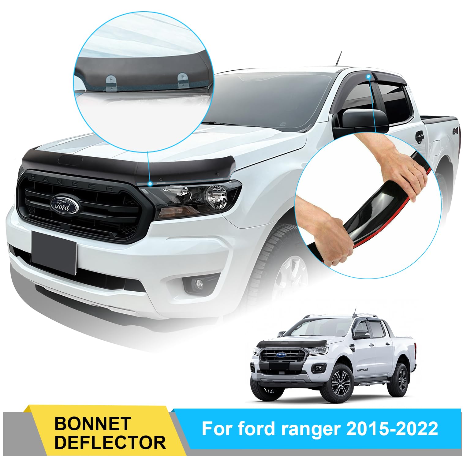 Windabweiser Motorhauben-Deflektor Set für Ford Ranger T7 T8 2016-2022 Wildtrak Raptor Steinschlagschutz Lackschutz