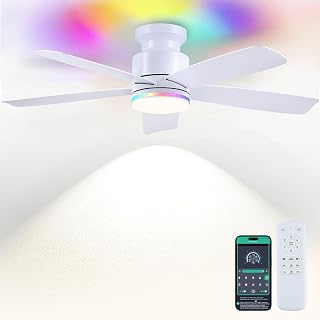 Wiviniya 46 In Flush Mount Ceiling Fans with RGB Lights Remote/APP, Black