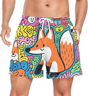 Quick Dry Men Beach Shorts Gym Shorts Cartoon Fox Art Doodle
