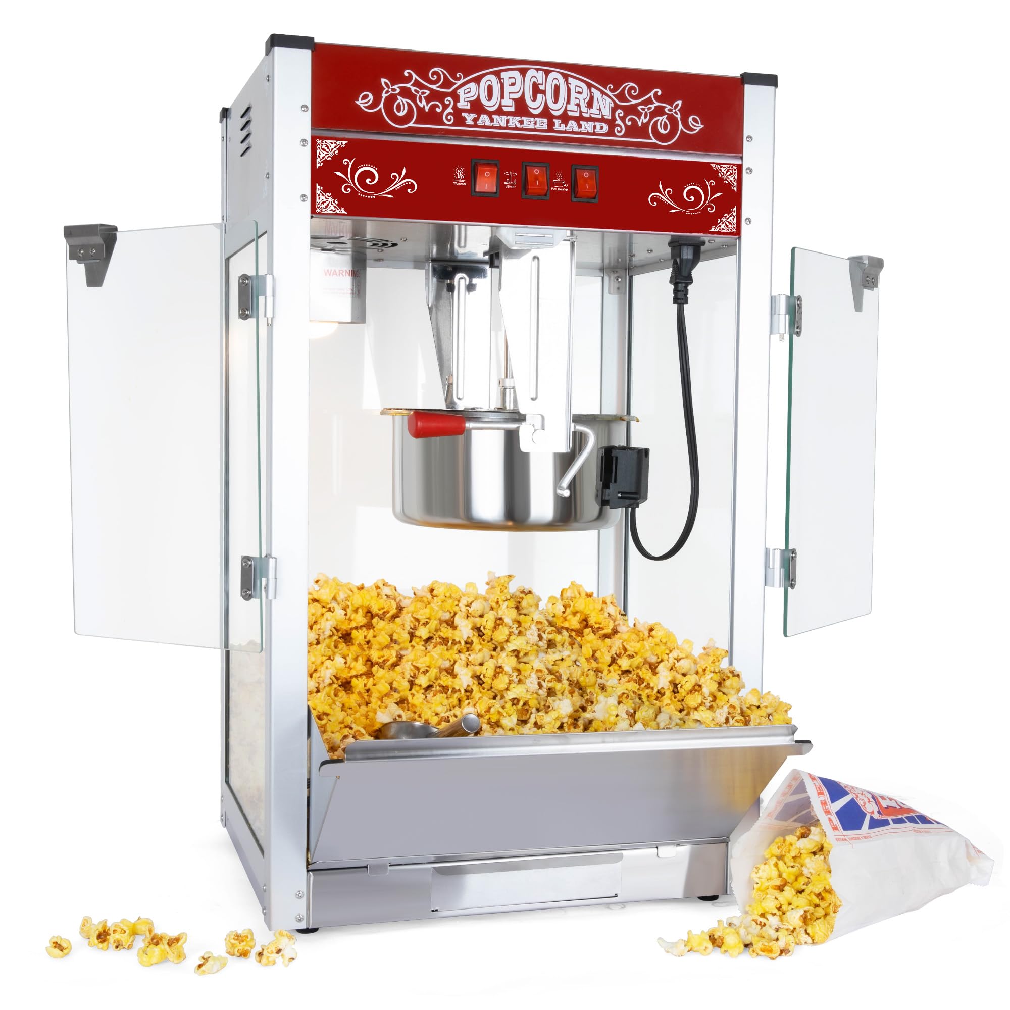 Commercial Popcorn Maker Machine 20 Oz 1440W, Theater Style Popper for 80 Cups/Batch with 3-Switch Control, Steel Frame &amp; Tempered Glass Doors