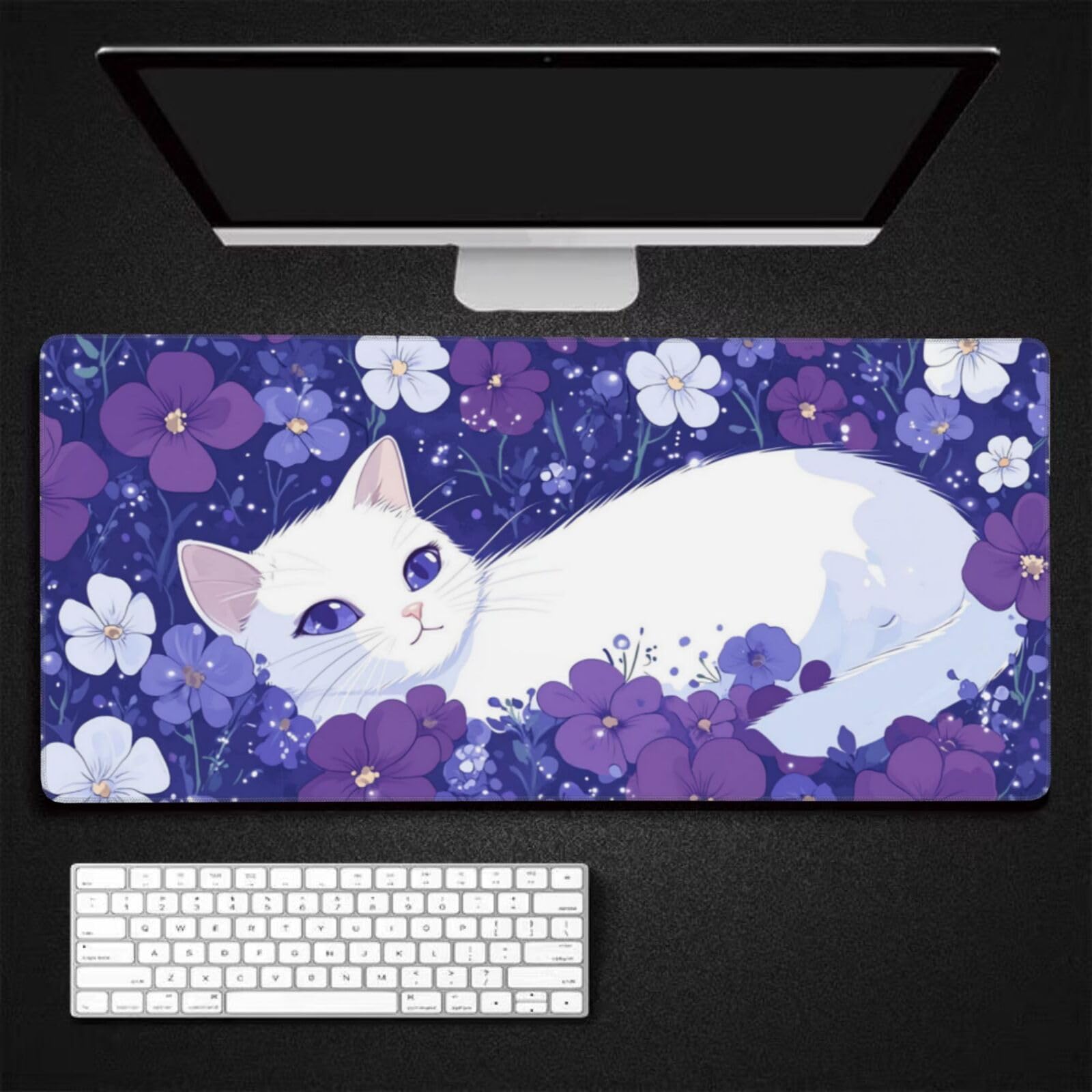 Tappetino Mouse XXL Fiore & Gatto, 100 x 50 cm Tappetino da Scrivania G486 | Tappetino per Mouse, Base in Gomma Antiscivolo, Superficie Impermeabile, Bordi Cuciti, Tappetino Scrivania per Ufficio, Gioco