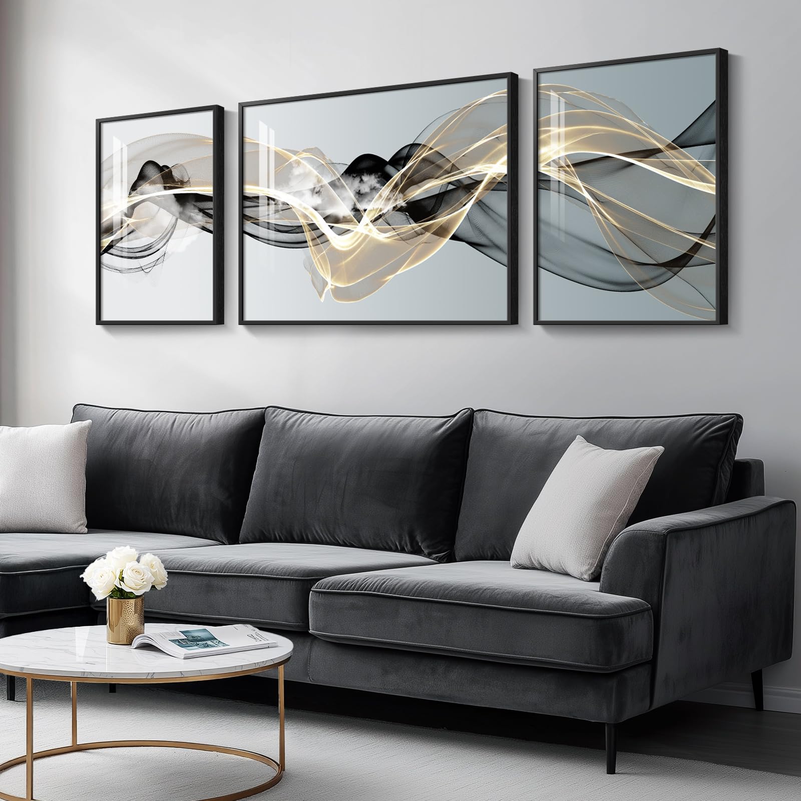 Large Framed Modern Luxury Abstract Wall Art for Living Room, 3 Piece Minimalist Prints Paintings Artwork for Walls, Black White Gold Abstract Line Pictures for Hallway Dining Bedroom Office Wall Decor