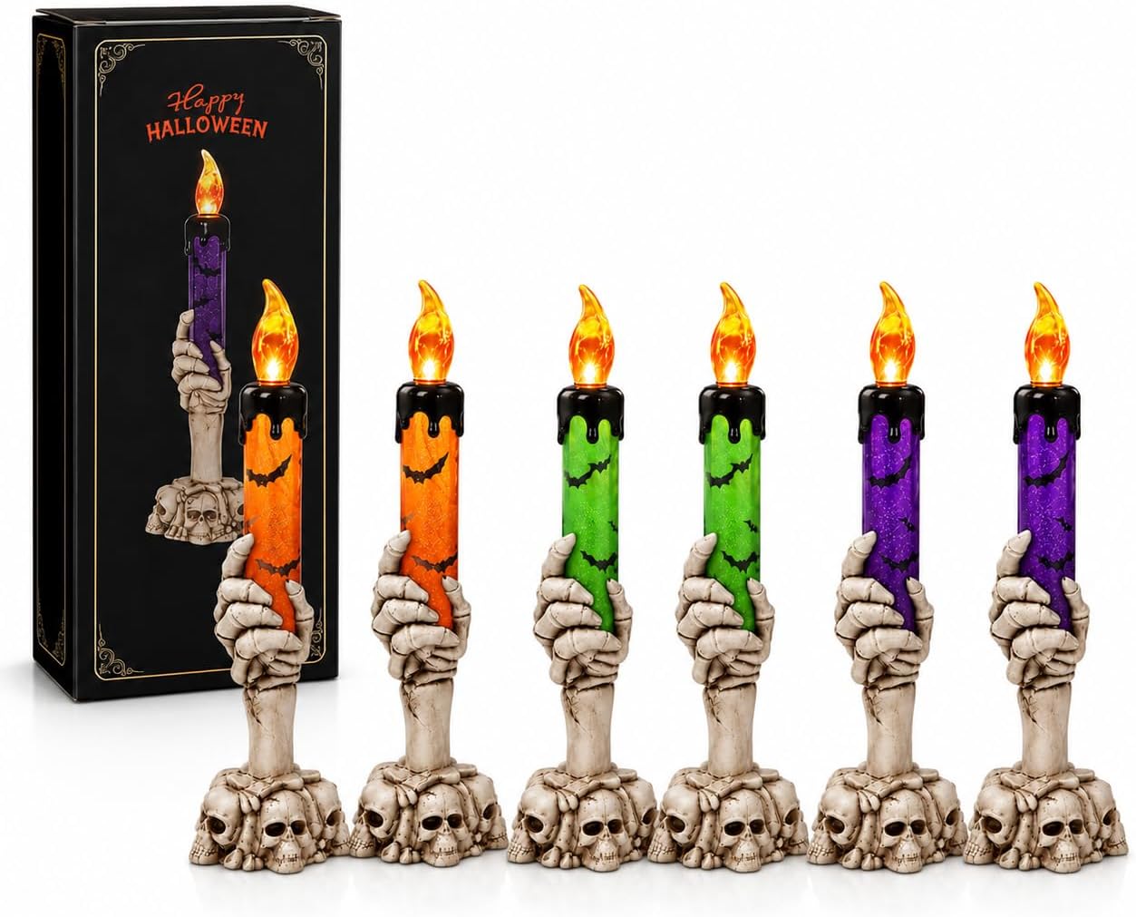 6 Pack Halloween Decorations Outdoor Candle Lights, Flameless & Wax-Free | Waterproof LED Candle Lamp with Timer for Porches, Garden, Kitchen and Bathroom as Spooky Decorations