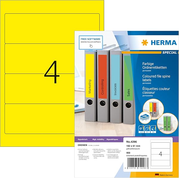 HERMA 4296 Samoprzylepne etykiety na kręgosłup, 4 etykiety na arkusz A4, 1400 arkuszy, 192 x 61 mm, 5600 etykiet, puste etykiety na segregatory na dokumenty, naklejki do drukarek laserowych i
