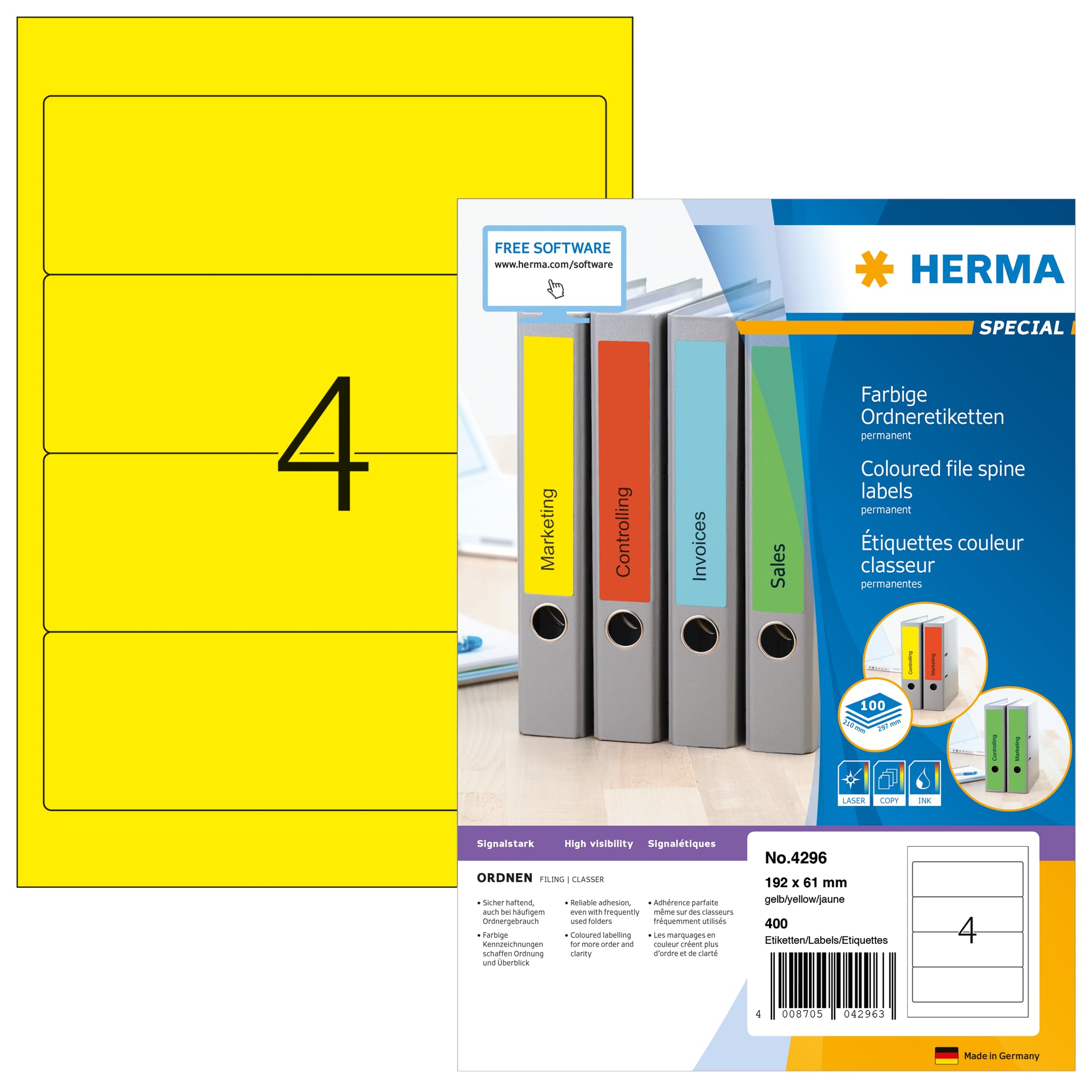 HERMA 4296 Ordnerrücken Etiketten kurz breit, 1400 Blatt, 192 x 61 mm, 4 pro A4 Bogen, 5600 Stück, selbstklebend, bedruckbar, blickdicht, blanko Papier Ordneretiketten Rückenschilder Aufkleber, gelb