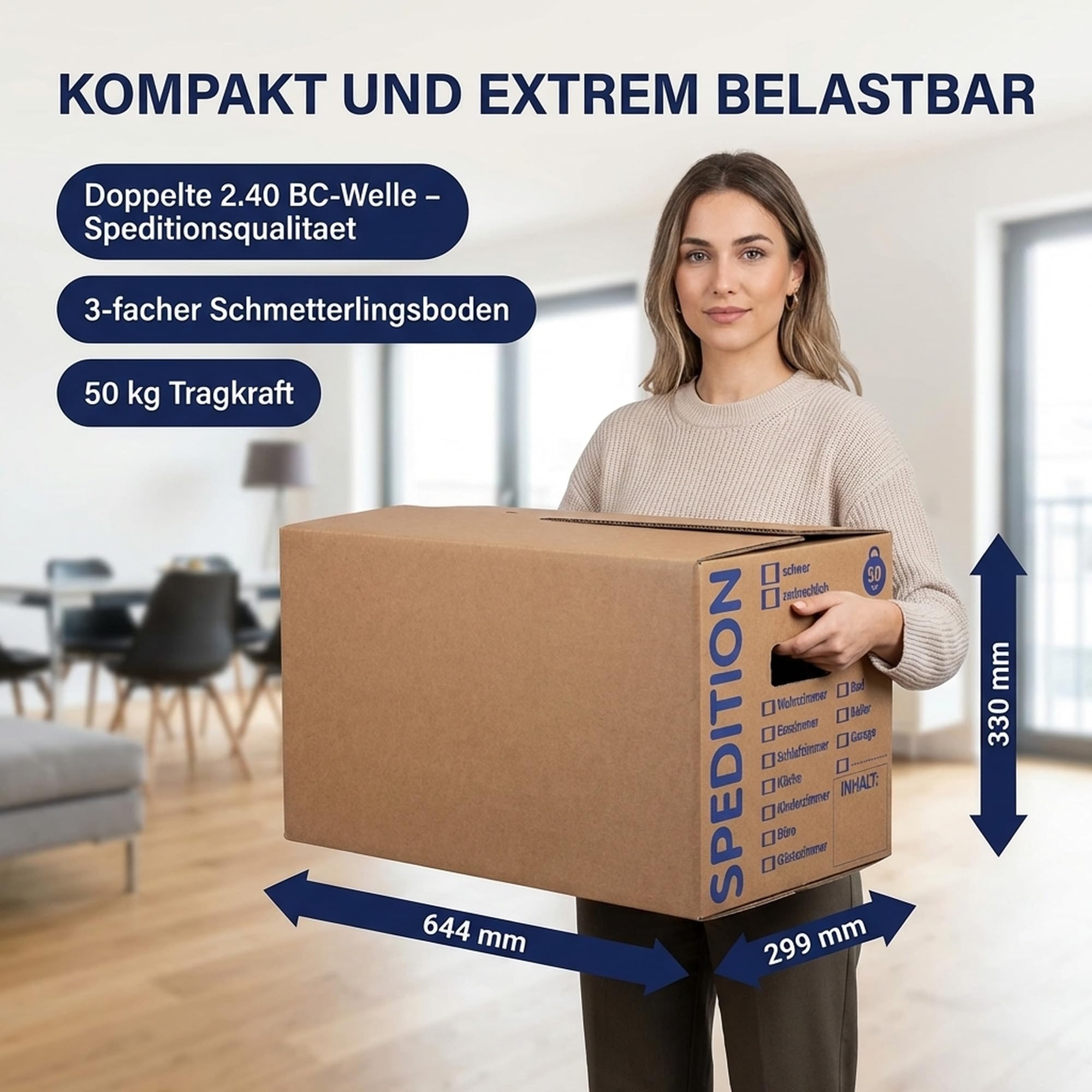 KK Verpackungen® Umzugskartons mit 50KG Tragkraft | 10 Stück, 2-wellige Mehrweg-Umzugskisten in extrastabiler Speditionsqualität