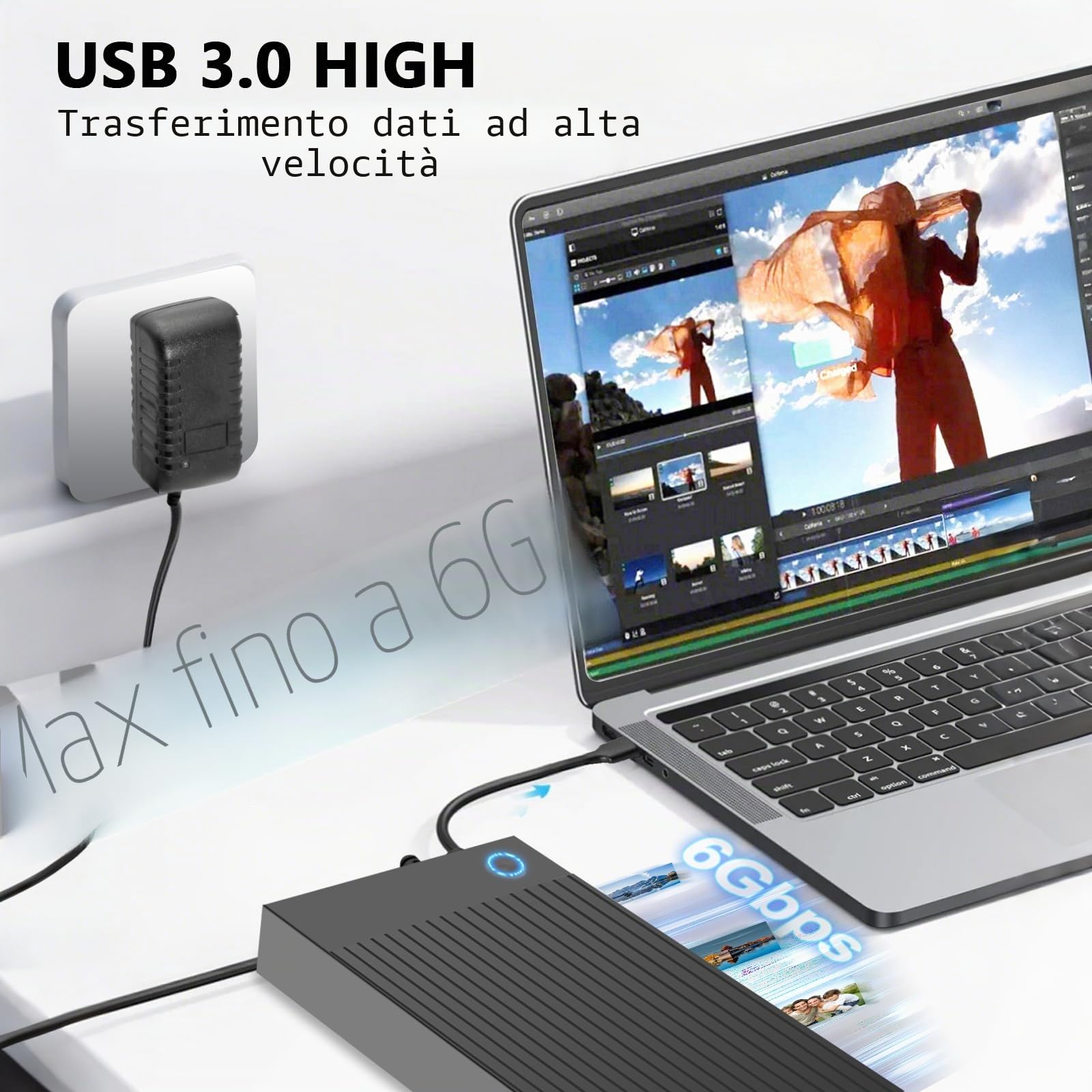 6Gbps Docking Station SSD Hard Disk Esterno HDD 2.5 o 3.5 pollici, USB 3.0 SATA HDD Adattatore per Dischi Rigidi SATA HDDSSD da 2,5/3,5 Pollici con Alimentatore da 12 V/2 A, UASP