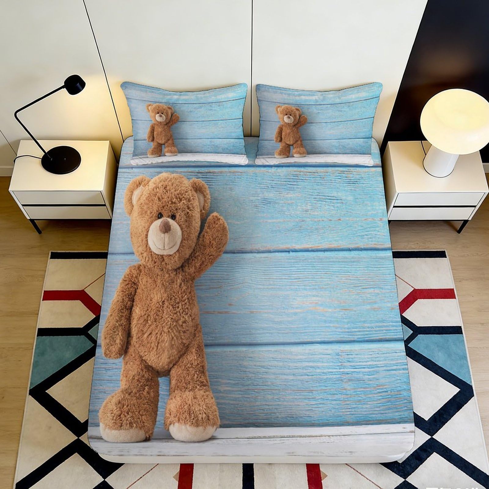 3D Printed Wood Texture Teddy Bear Fitted Sheet Microfiber Deep Pocket Teddy Bear Mattress Fitted Cover for Bedroom 90x200x25cm