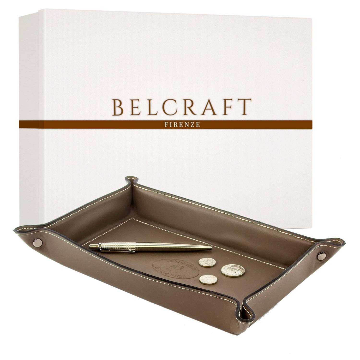 Belcraft Orvieto Svuotatasche in Pelle, Realizzato a mano da Artigiani Toscani, Porta Oggetti, Tortora (28x19 cm)