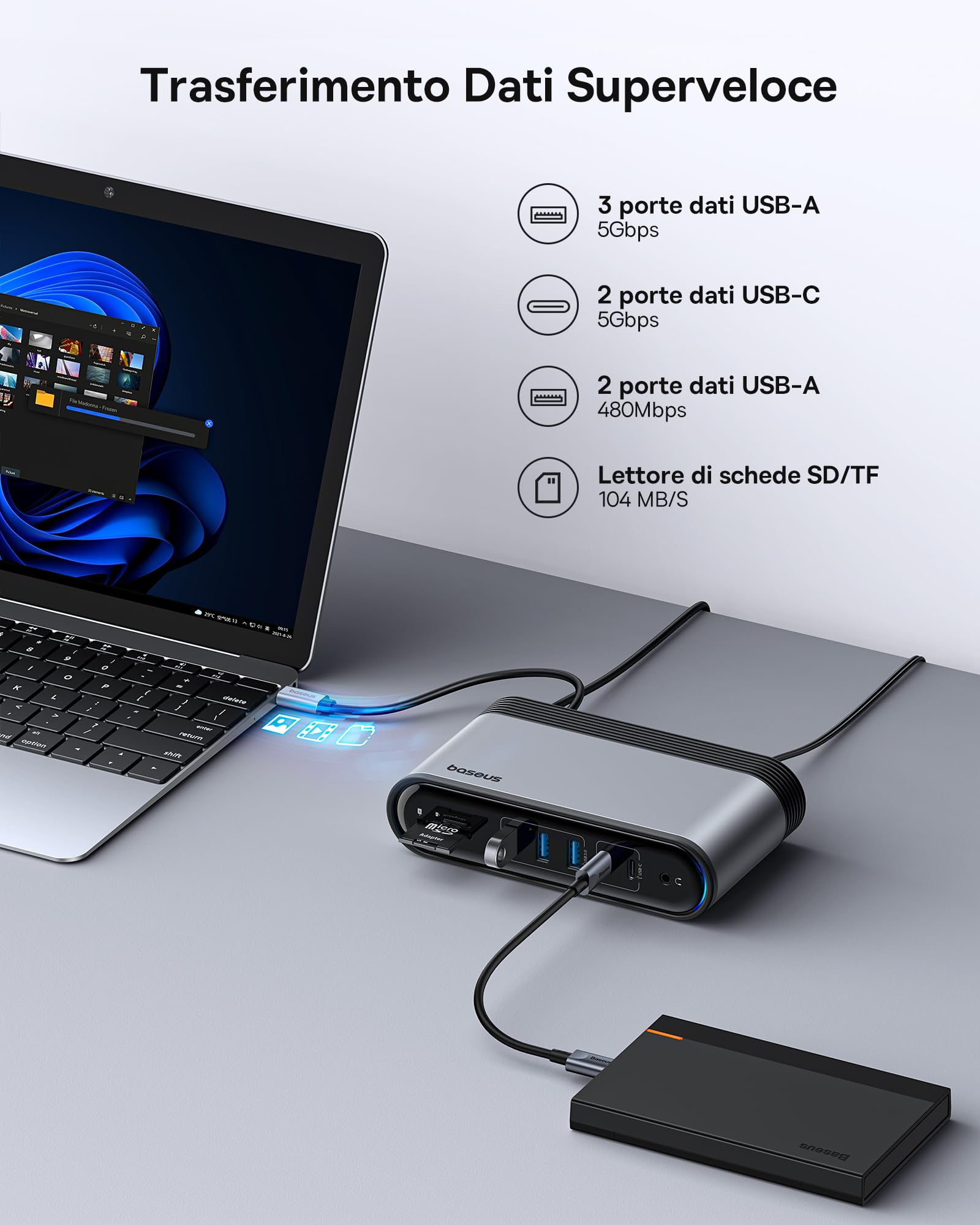Baseus Docking Station 17 in 1 3 monitor 4K a 60Hz Adattatore con 2 HDMI, DisplayPort, 5 USB Data 3.0 5 Gbps, PD 100 W, Gigabit Ethernet per HP/Lenovo/Dell/MacBook/Surface Laptop