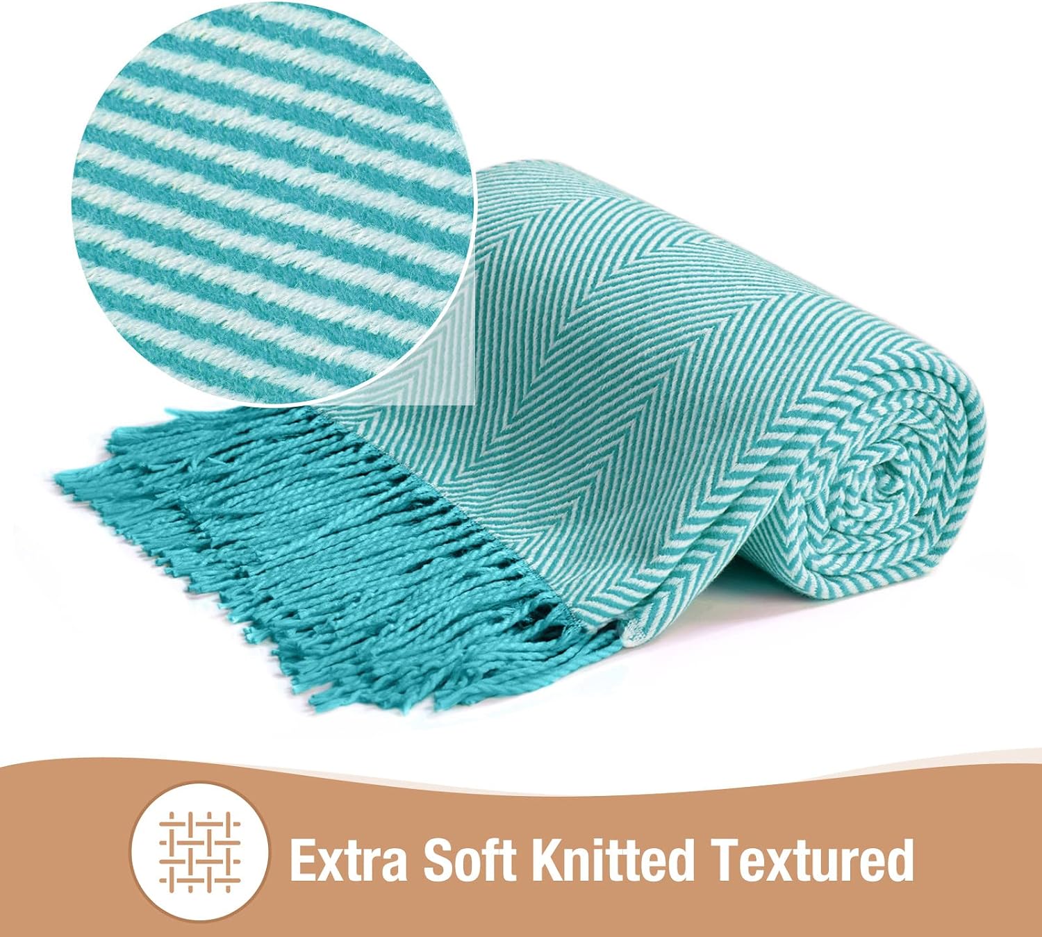 VEEYOO Turquoise Throw Blanket - Lightweight Extra Soft Throw Blanket for Couch, Tassels Decor Knitted Blanket for Bedroom, Office, Gift, Turquoise Stripe Travel Blanket 60x80 Inch