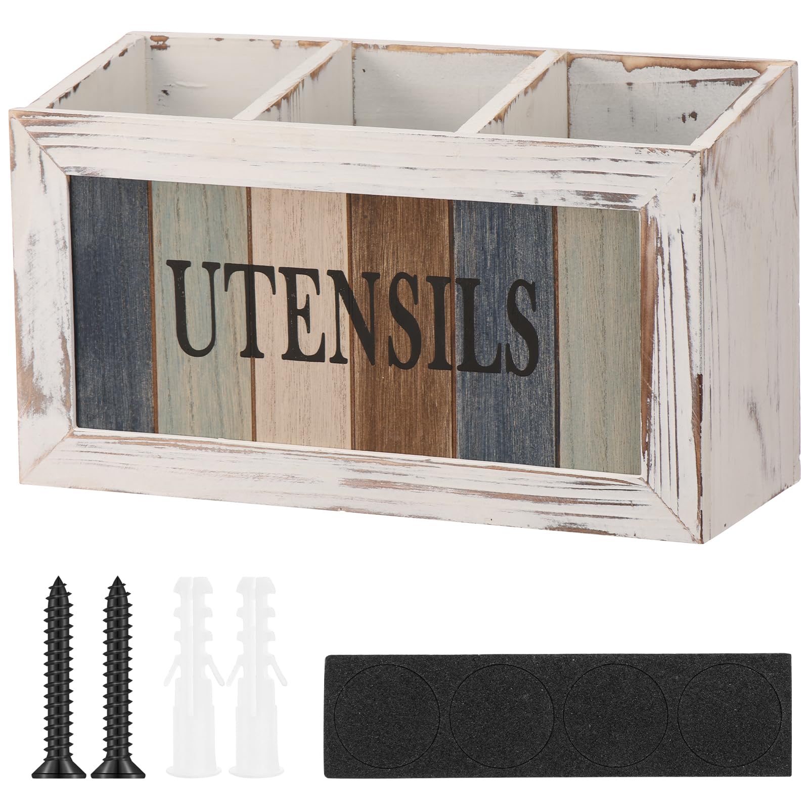Kitchen Utensils Holder with 3 Compartments,Removable Wooden Cooking Tools Storage Large Capacity Solid Wood/Recycled Wood Store Cutlery,Flowers,Pens,Pencil Kitchen Decoration 29.5*12*17*15.5cm(white)