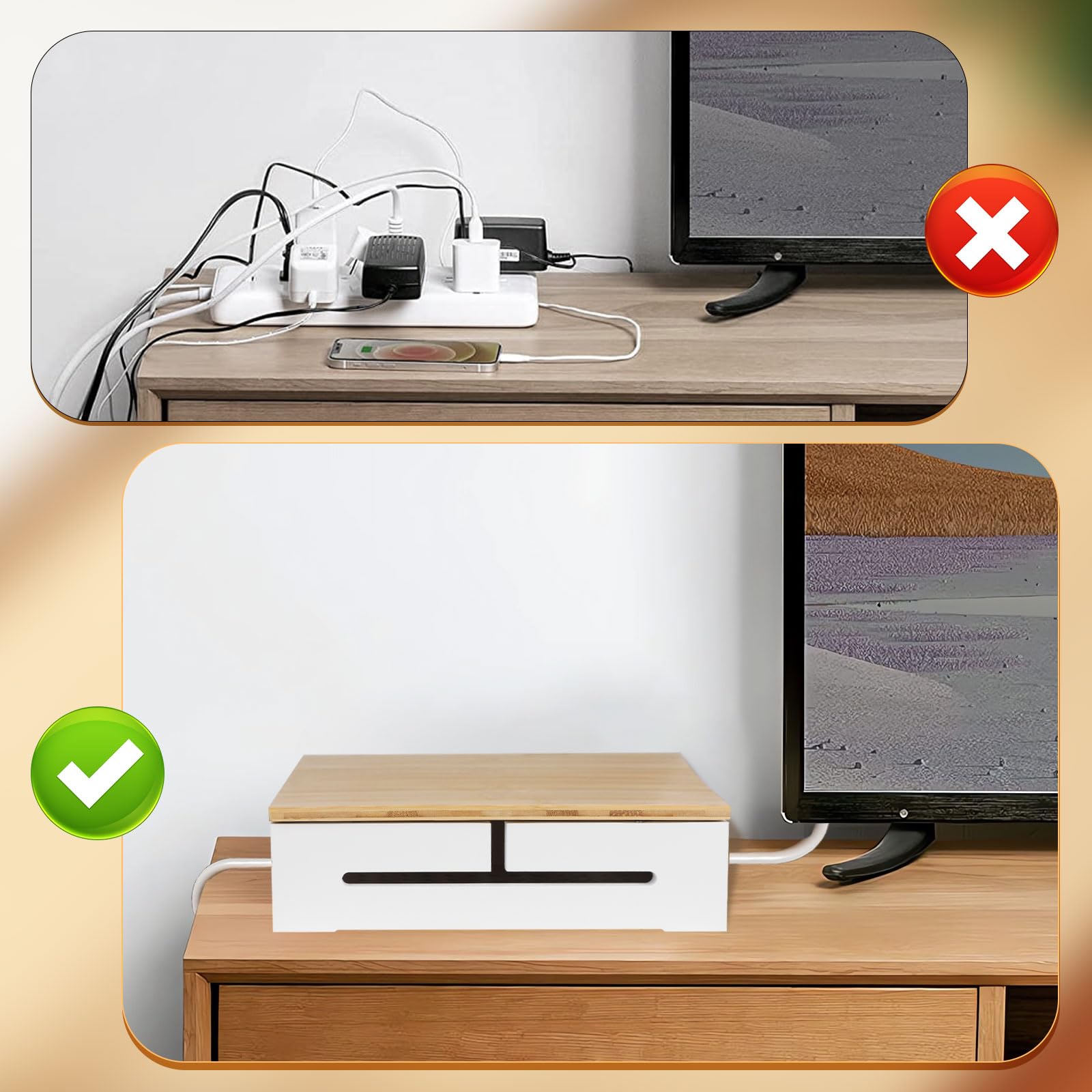 DBREAKS Scatola di gestione deglicavo, 2 scatole in legno con coperchio magnetico in bambù e fascette assemblabili a parete, per organizer percavo