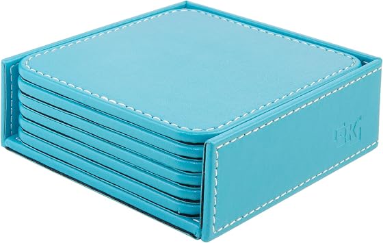 Bardak Altl ,6 l  Set,Masa st  Kare Cup Coaster,Vegan Suni Deri,11x11 cm.,Turkuaz