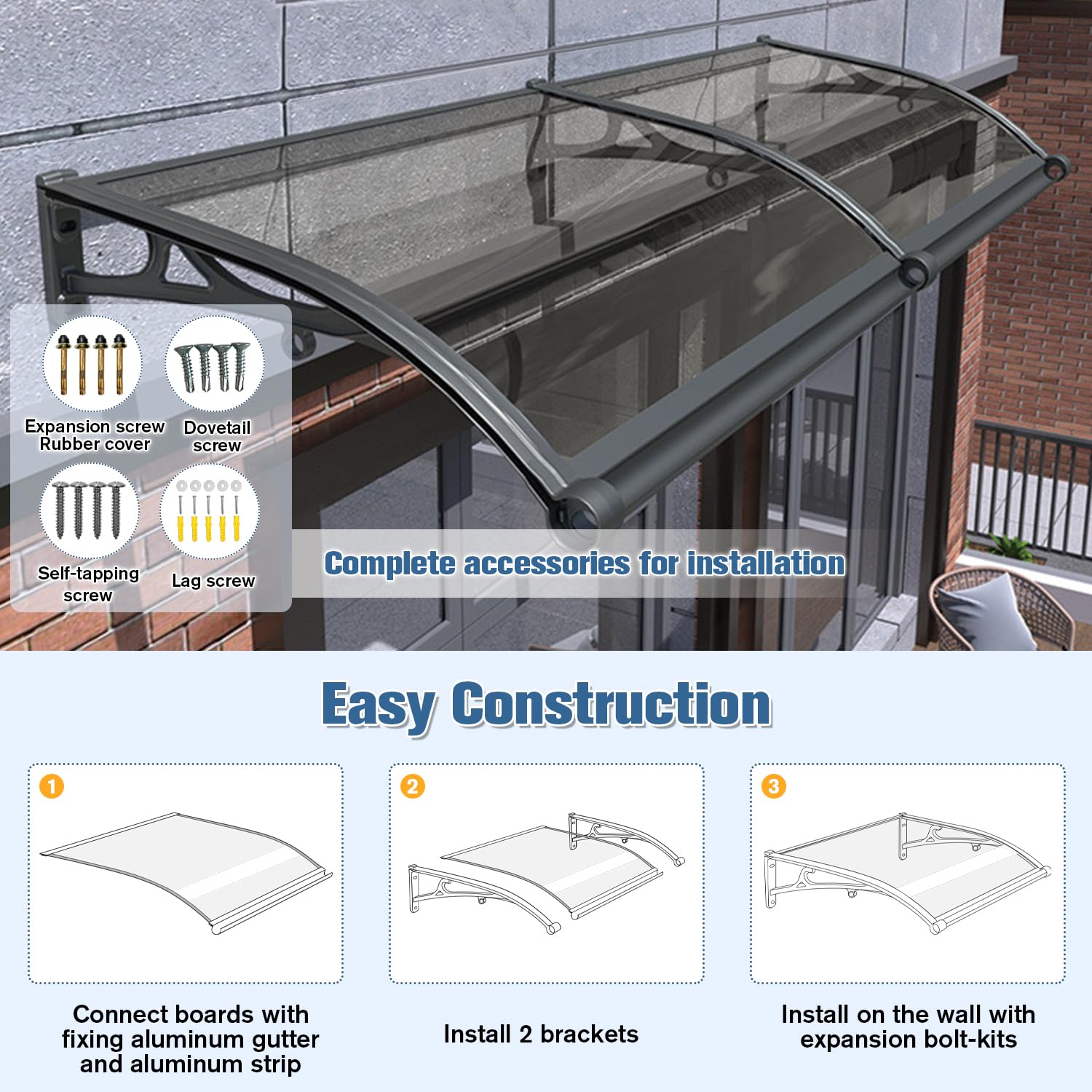 Vordach für Haustür Türeingang, Fenstertürmarkisen außen mit Aluminiumhalterung aus Polycarbonatplatte, Türmarkise für Terrasse, Balkon, Veranda, UV-Schutz vor Regen und Schnee, Grau 60x220cm