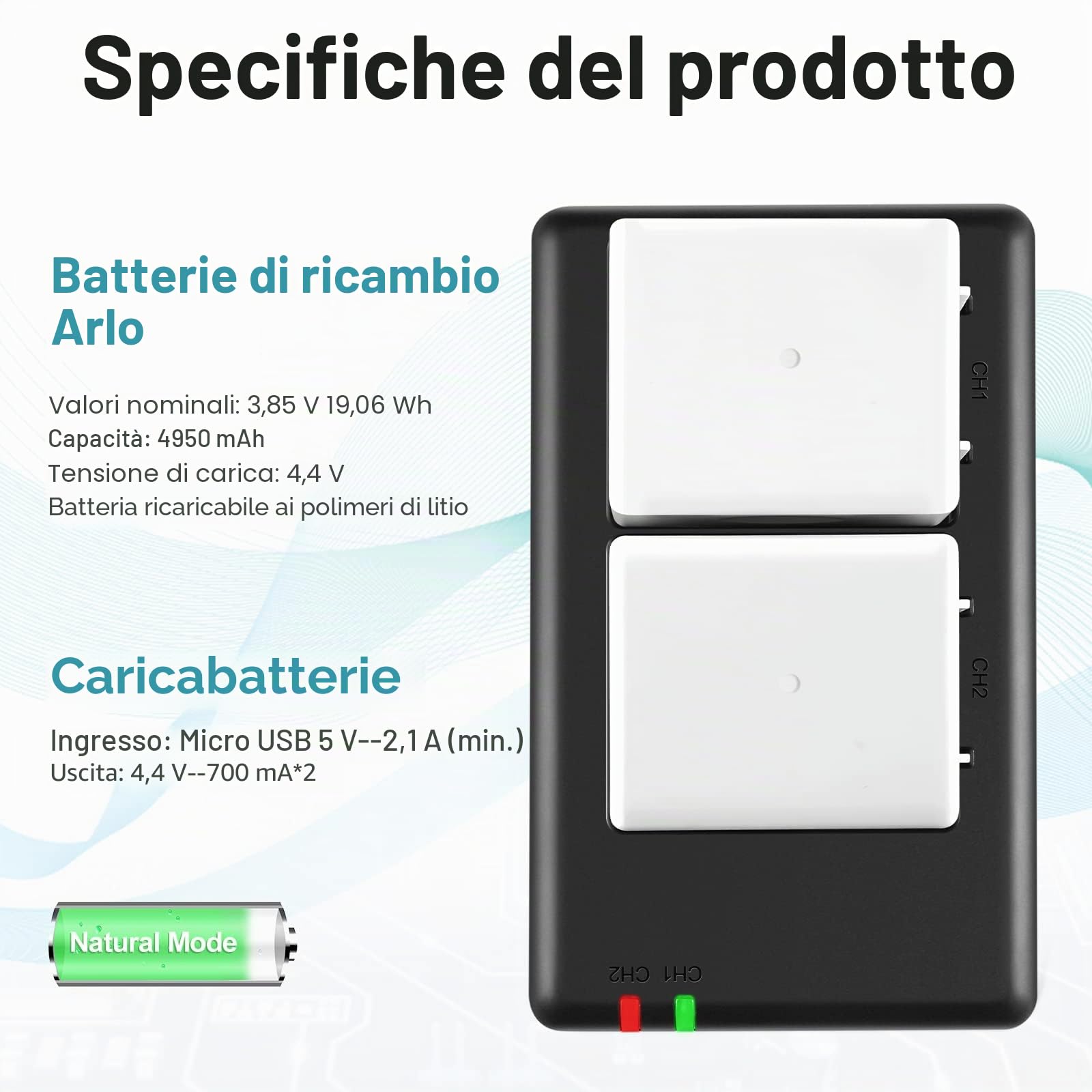 Rapthor Confezione da 2 batterie di ricambio da 4950 mAh con caricabatterie per fotocamere Arlo | Compatibile con Arlo Pro 4, Pro 3, Ultra 2 e Ultra; batterie al litio ricaricabili da 3,85 V per telecamere di sicurezza