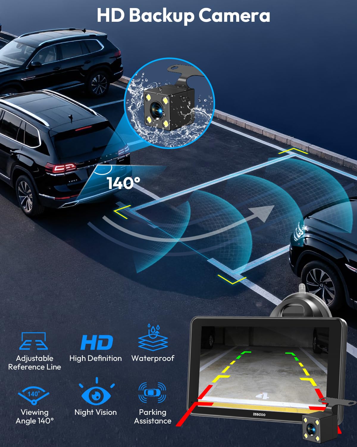ESSGOO Schermo CarPlay portatile da 7 pollici e wireless Android Auto | Supporta GPS, Siri e Google Assistant, radio FM, con telecamera posteriore, adatto per più veicoli