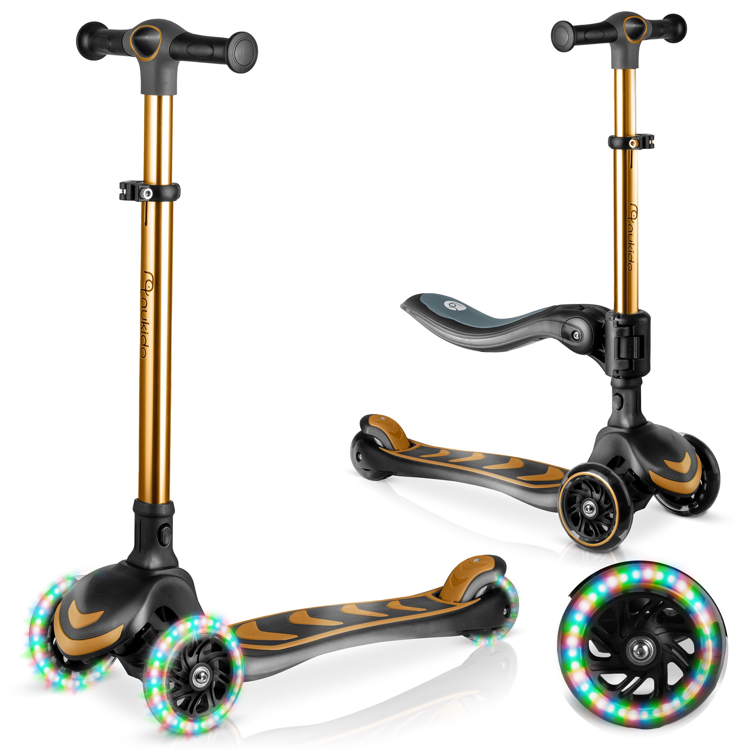 Nukido Children's Scooter, Children's Tricycle Scooter with Seat, Luminous Deck, LED Wheels, up to 50 kg, Gold, Black